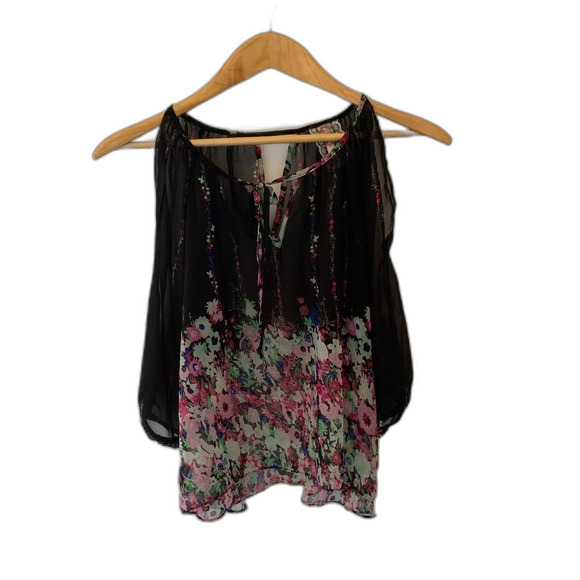 Maeve Anthropologie Black Sheer Multicolored Floral Cold Shoulder Top Size M - Picture 3 of 13